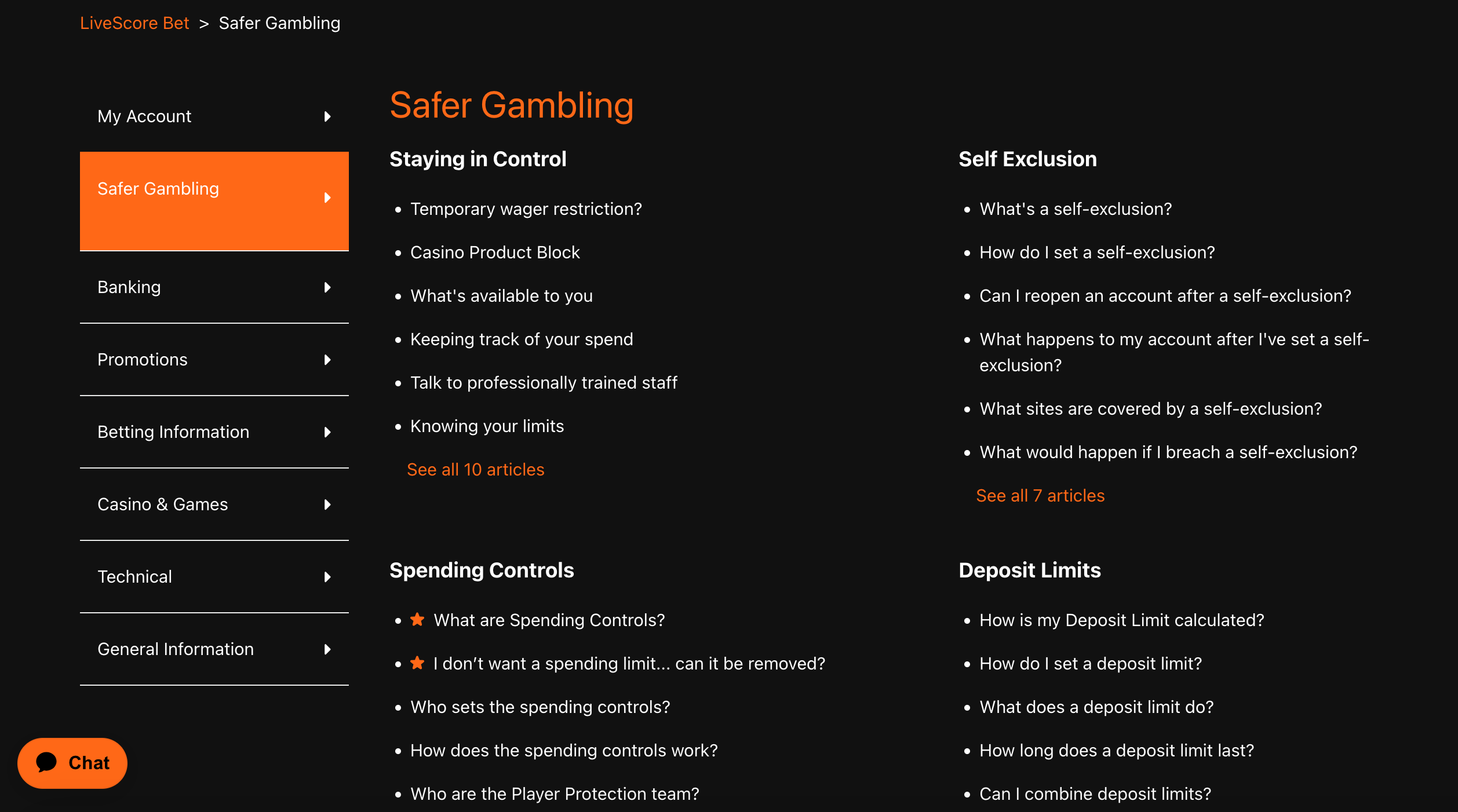 Livescore Bet's Safer Gambling section of the Help Centre, featuring links to safer gambling tools and information